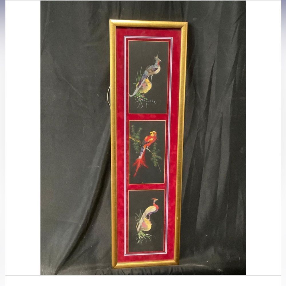 Real Feather Framed Art~Exotic Birds Matted Triptych Narrow Vertical Gold Frame